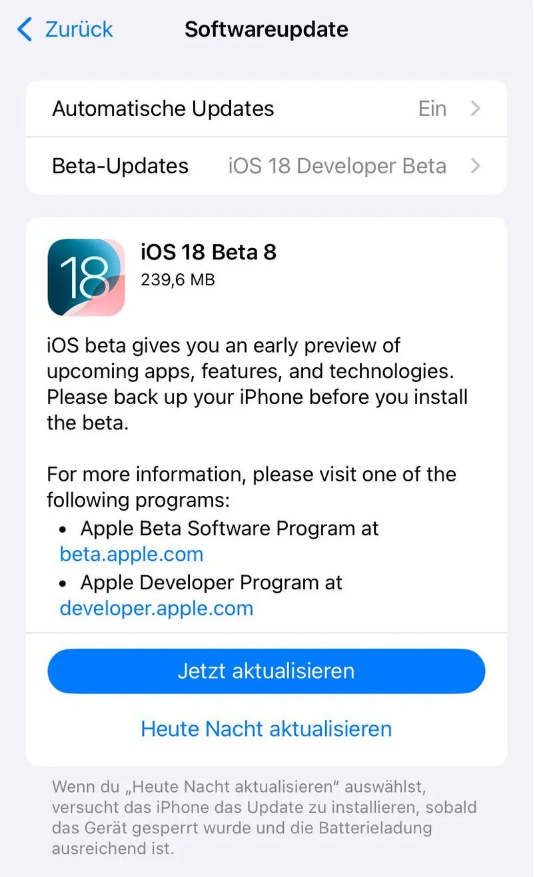 榆社苹果手机维修分享苹果 iOS / iPadOS 18 开发者预览版 Beta 8 发布 